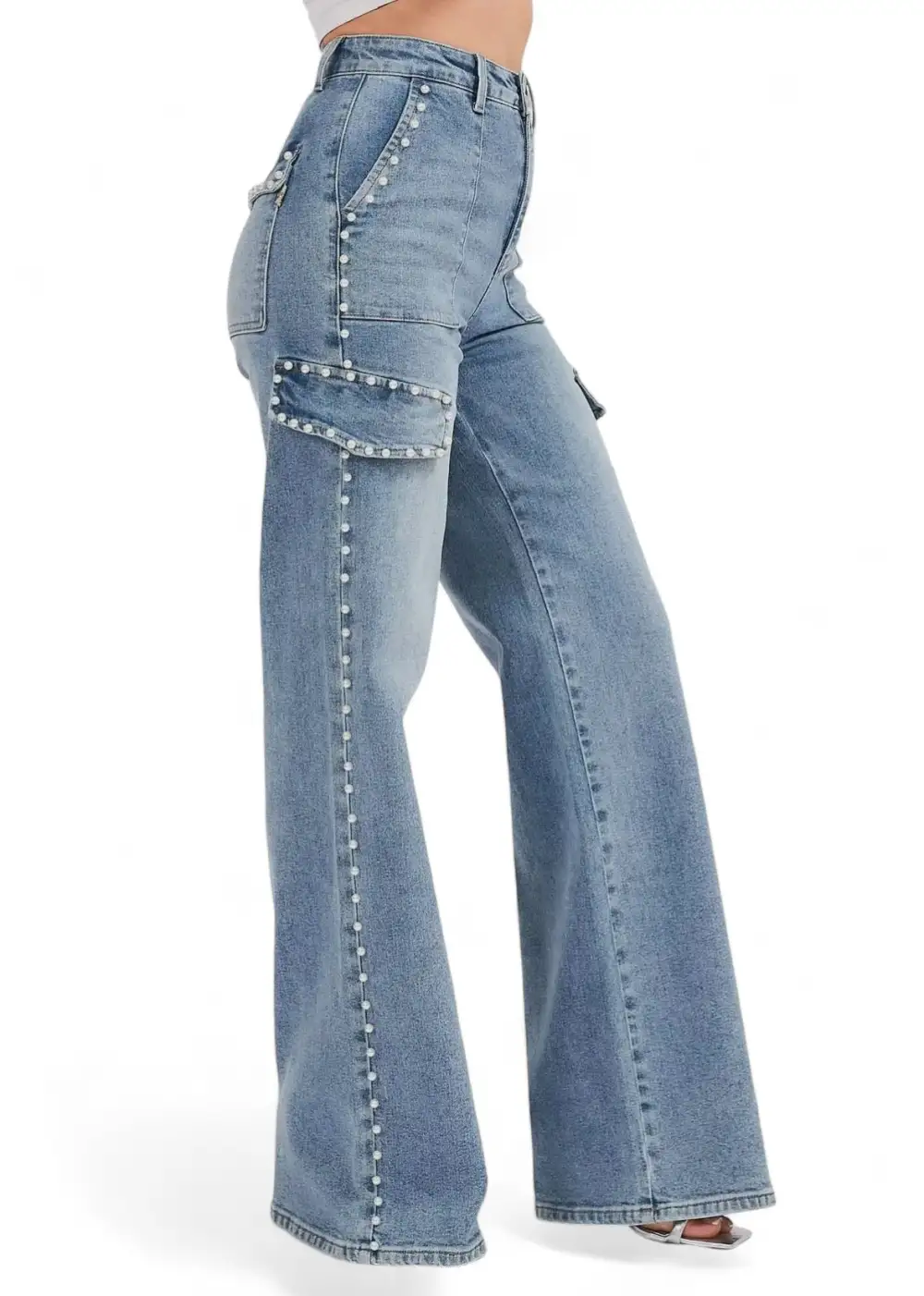 Denim Wide-Leg Cargo Jeans