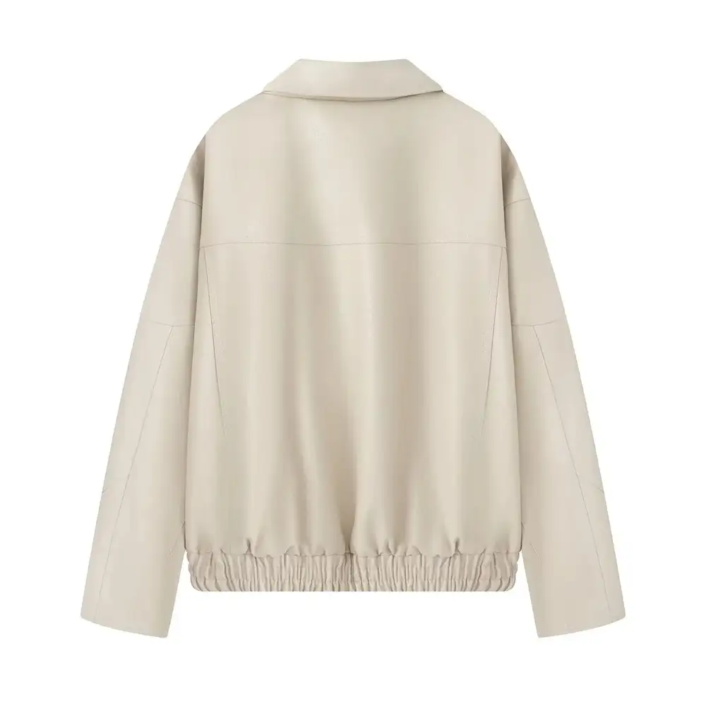 Oversized Faux Leather Zip Front Elastic Hem Bomber Jacket