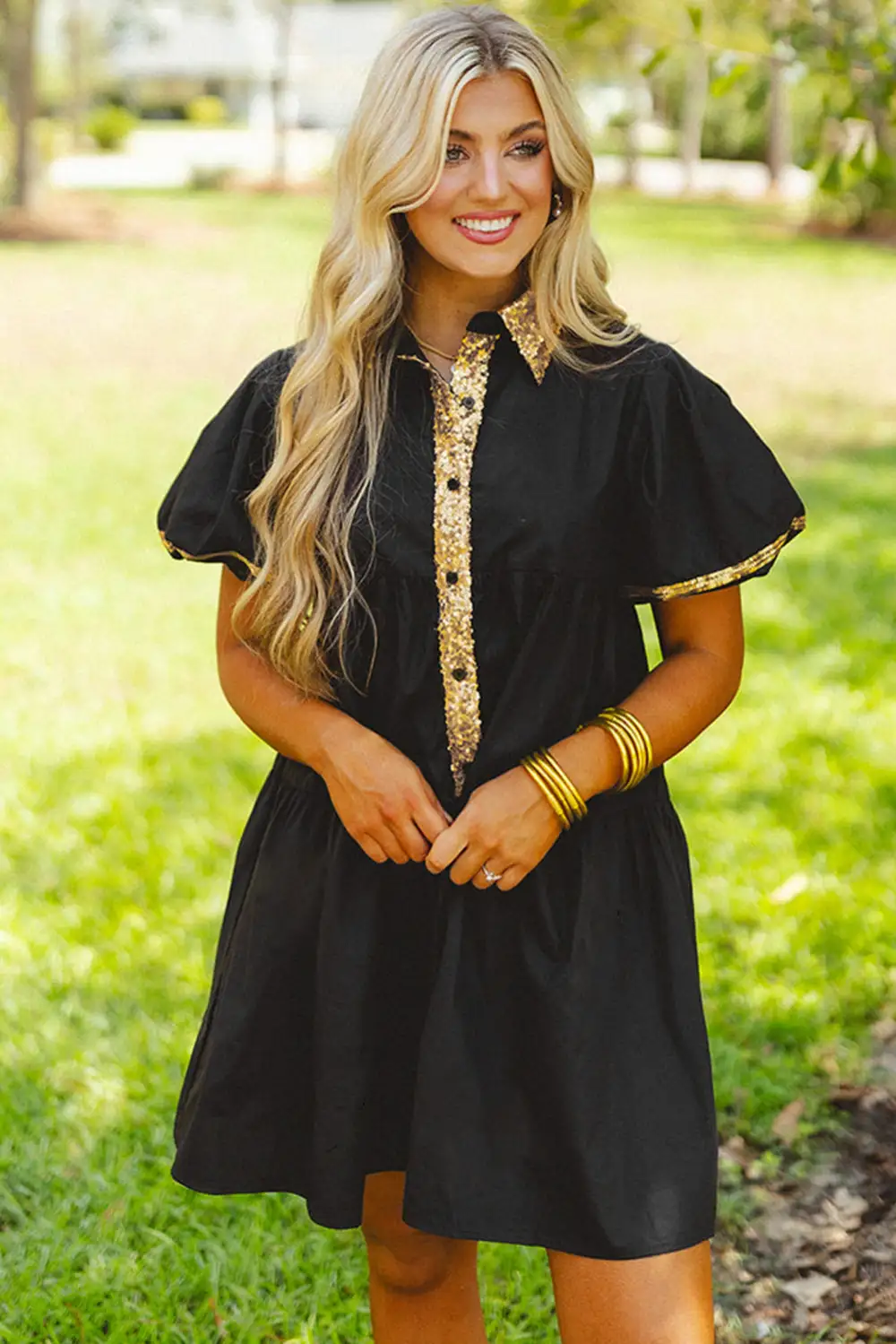 Sequin Trim Bubble Sleeve Game Day Shirt Dress