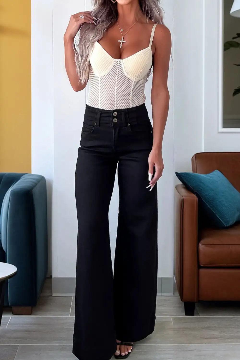 Women's Two Button High Waist Wide Leg Jeans