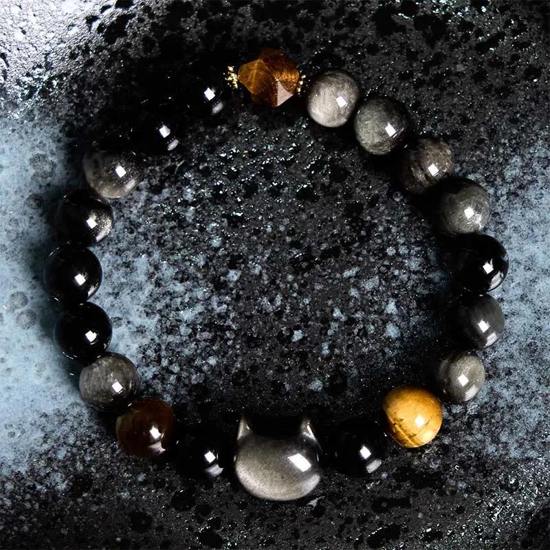 Natural Obsidian Beads Cute Cat Soothing Bracelet