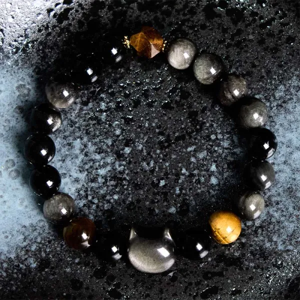 Natural Obsidian Beads Cute Cat Soothing Bracelet