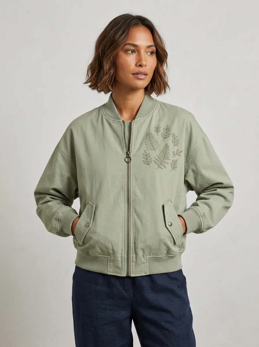 Women's Fern Leaves Printed Bomber Jacket