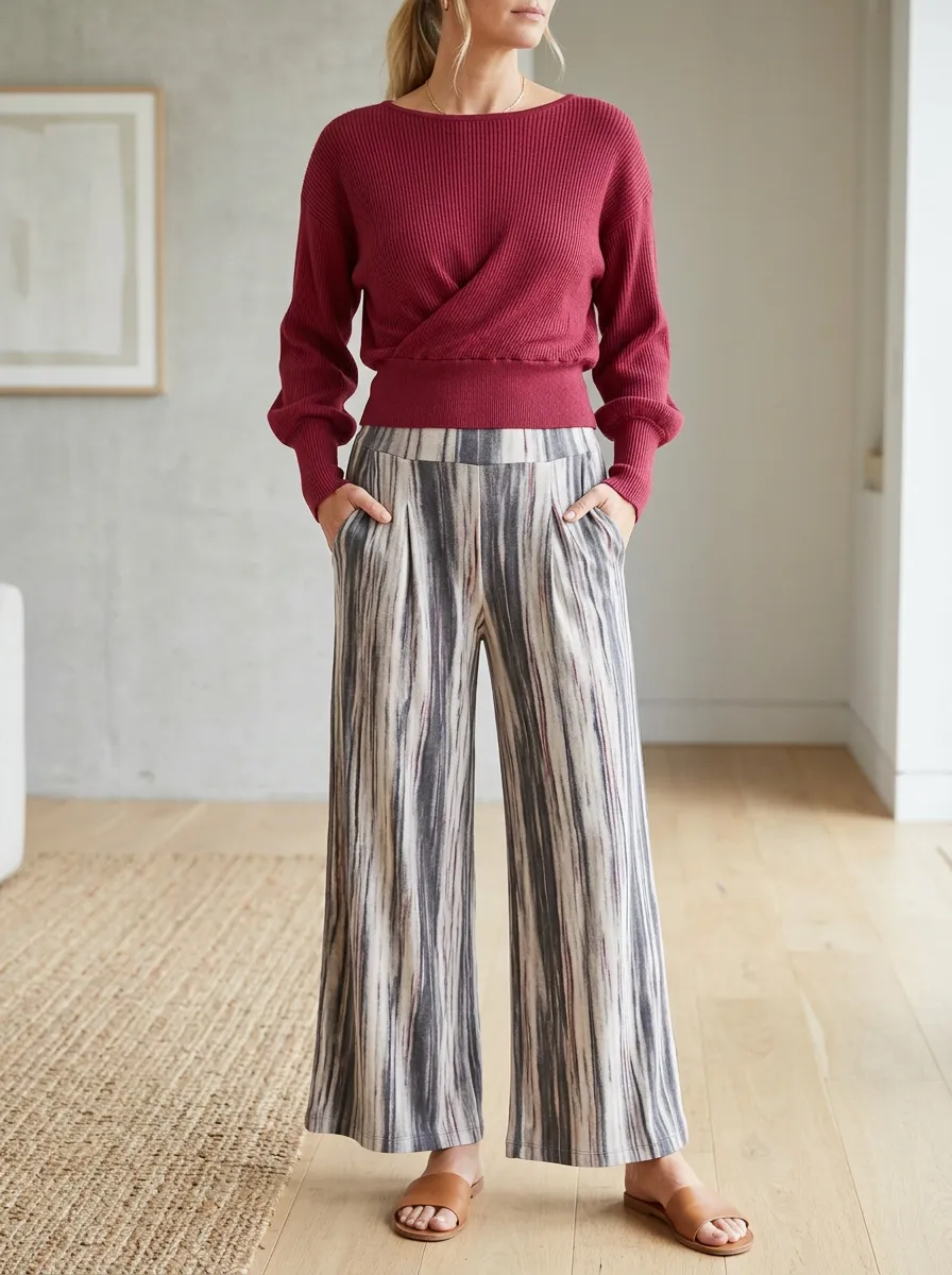 Women's Casual Striped Patterned Long Sleeve Wide Leg Pants Set