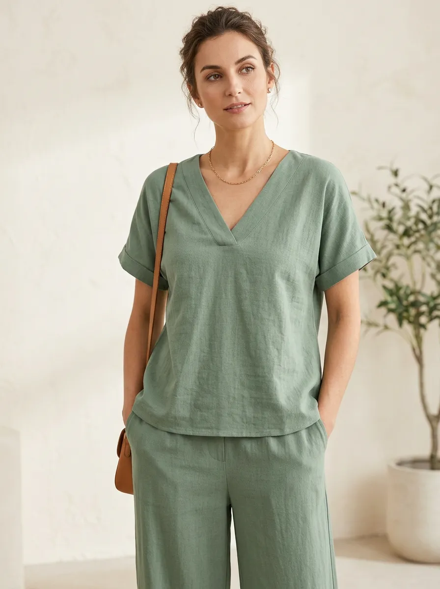 Easy-Wear Short-Sleeve Women's V-Neck Casual Lounge Set
