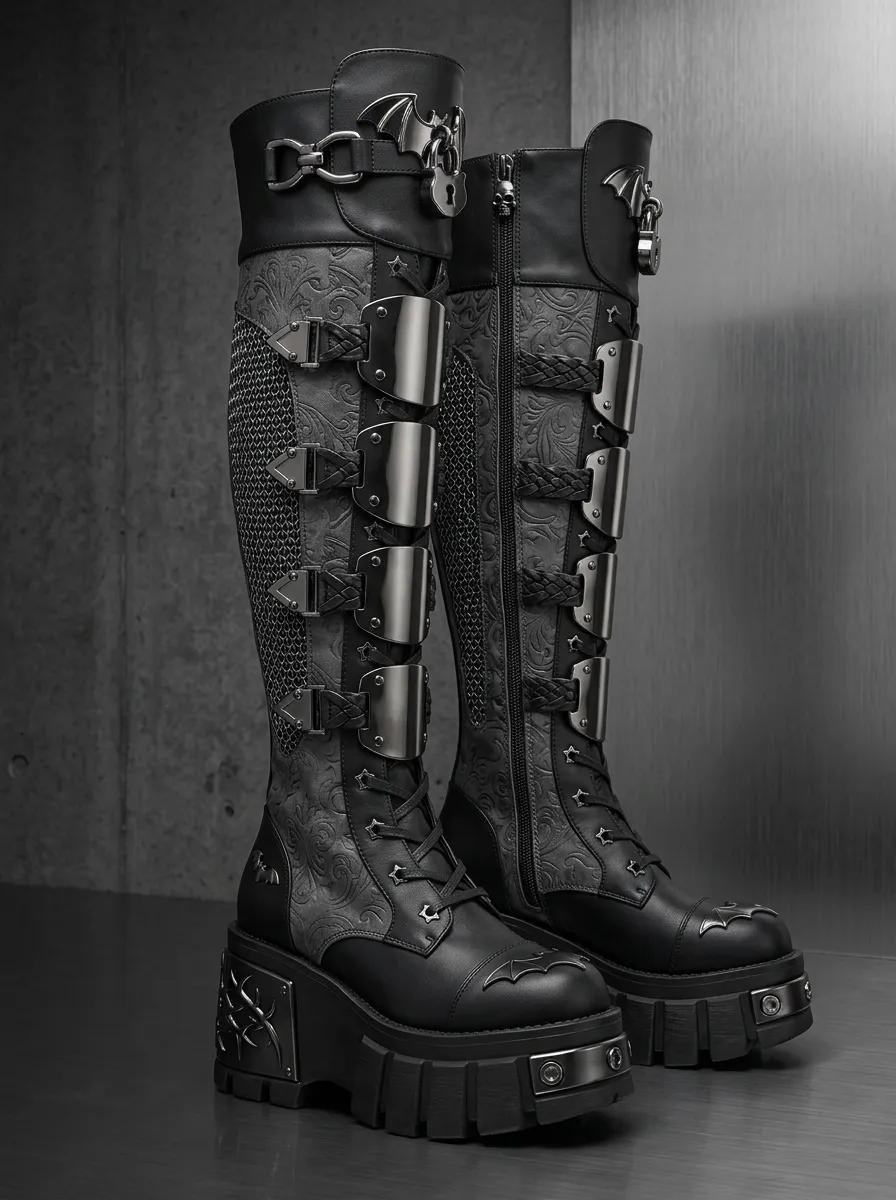 Ritual-Inspired Bat Embossed Design Women's Gothic Platform Boots