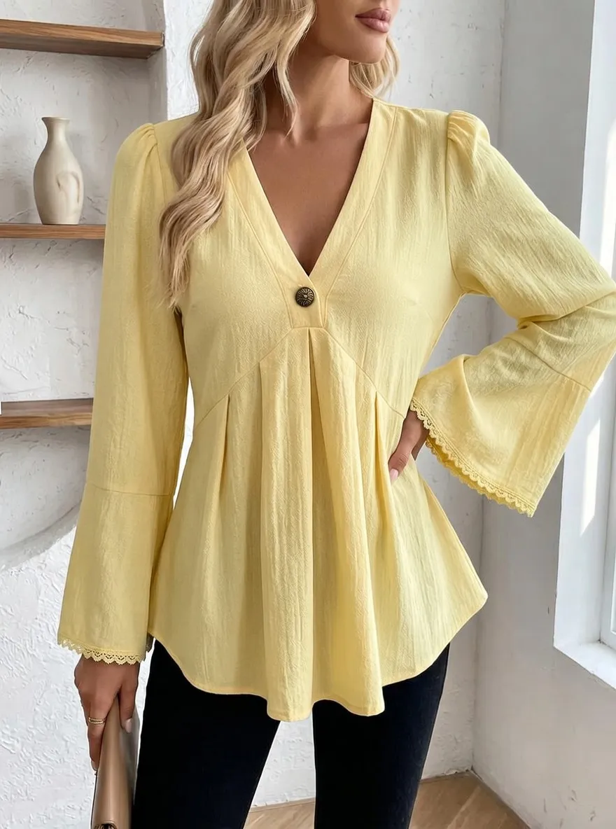 V-Neck Button Front Lace Trim Bell Sleeve Blouse
