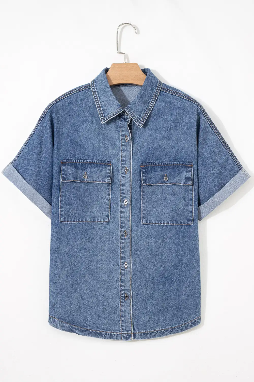 Women's Denim Short Sleeve Flap Pocket Blouse