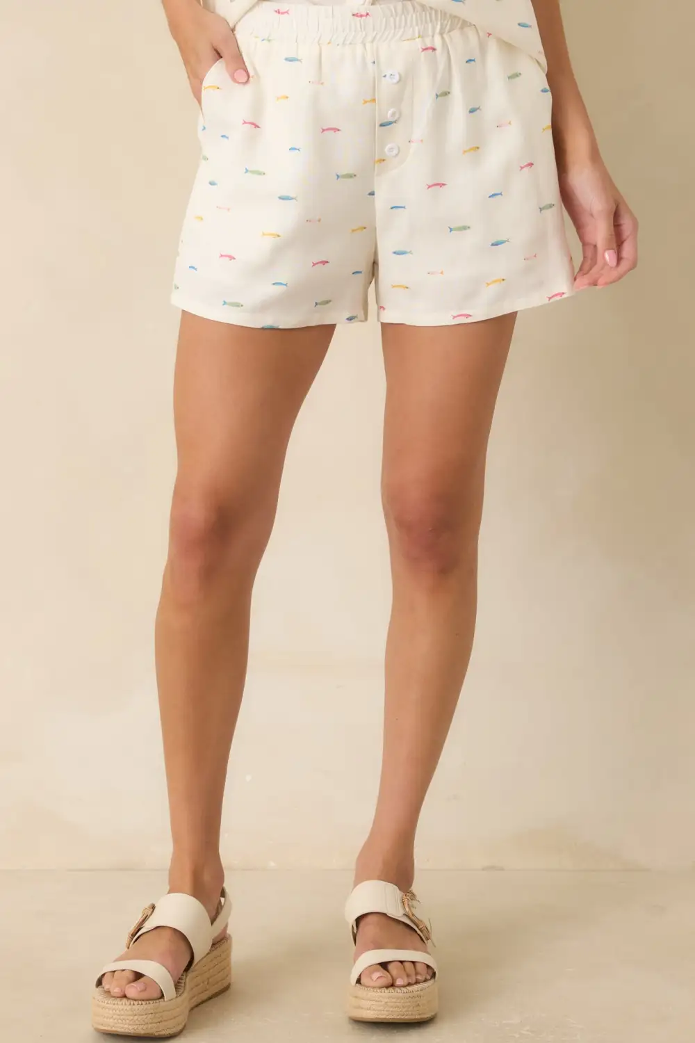 Multicolor Cotton Linen Fish Print Shorts