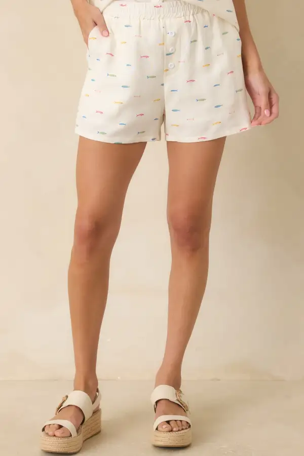 Multicolor Cotton Linen Fish Print Shorts
