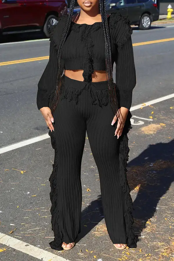 Solid Color Tassel Round Neck Pant Set