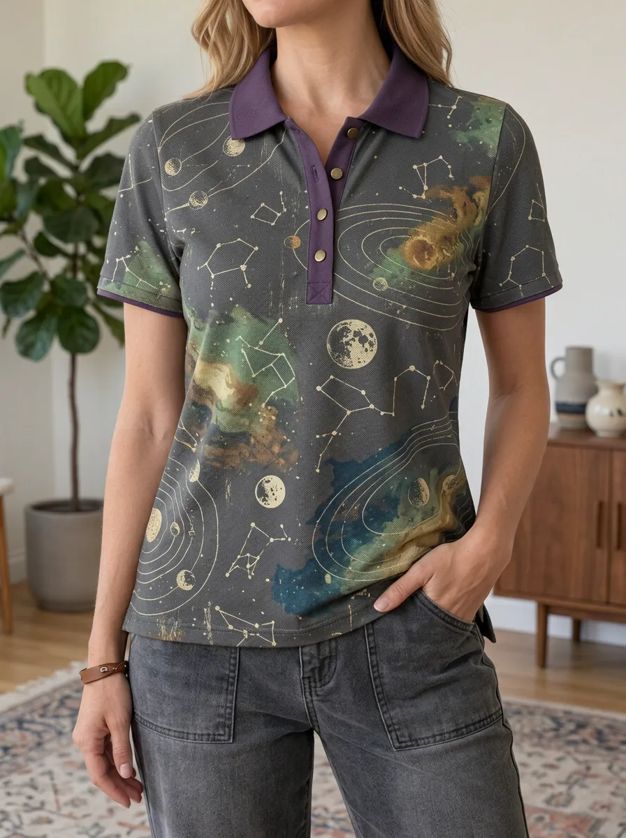 Women's Modern Astronomy Lover Galaxy Constellation Polo Shirt
