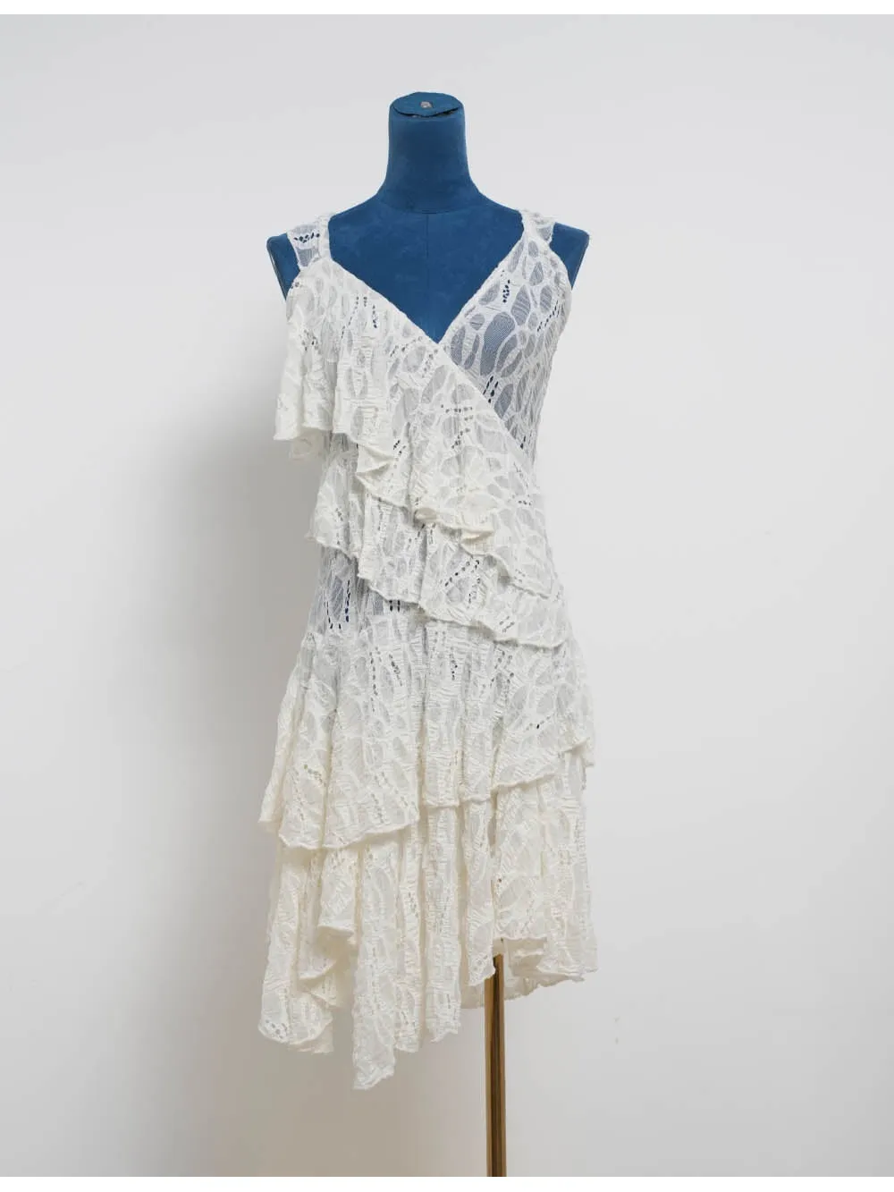 Sheer Lace Layered Ruffle V Neck Irregular Hem Mini Dress