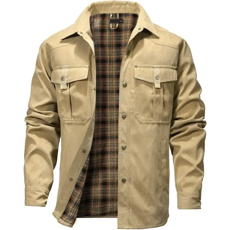 Men's Classic Casual Plaid Flannel-Lined Shirt Jacket – Twill Fabric