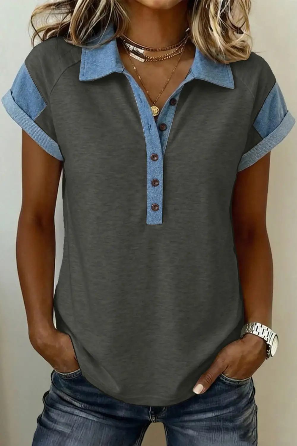 Women's Colorblock Patchwork Collared Top