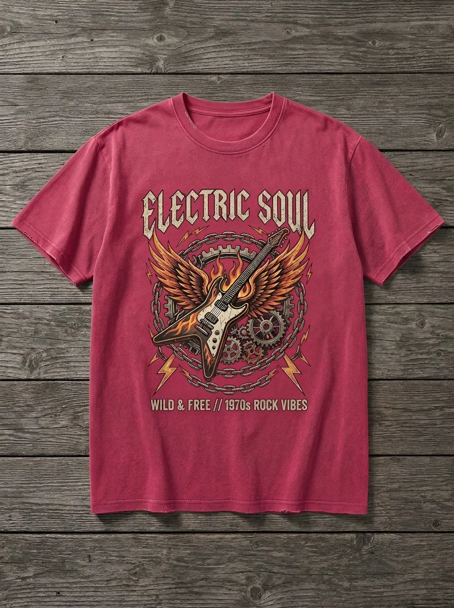 Unisex Rock Music Lover Flaming Guitar Wings Printed T-shirt