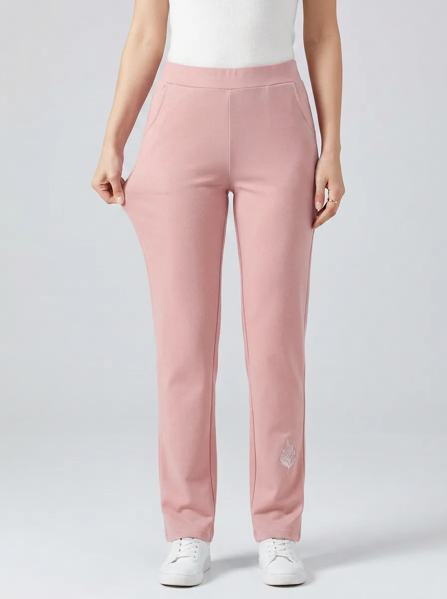 Women's Classic Everyday Leaf Pattern Embroidered Mid Rise Straight Leg Pants
