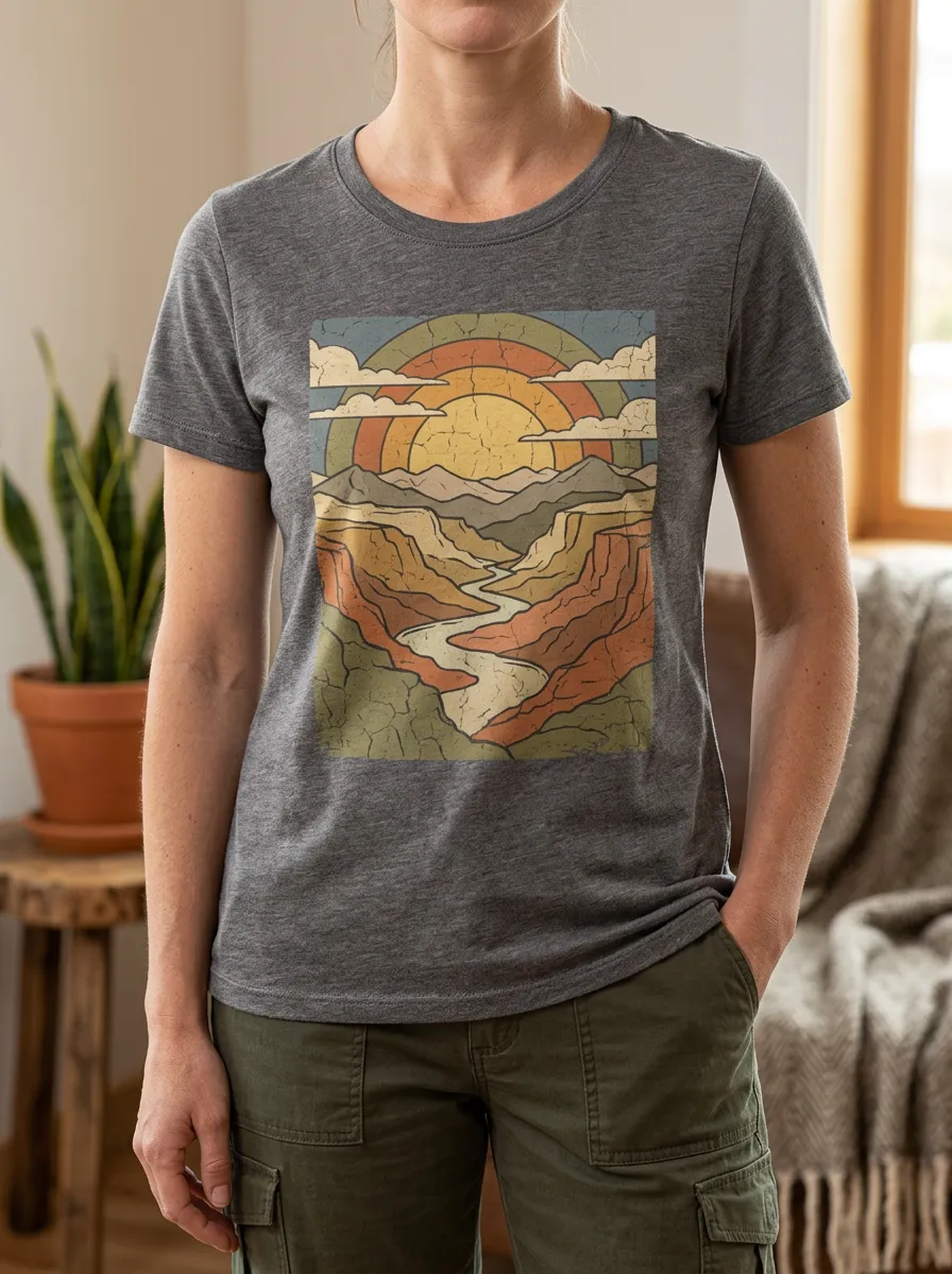 Women's Wilderness Retro Canyon Landscape Sunset Crew Neck T-Shirt