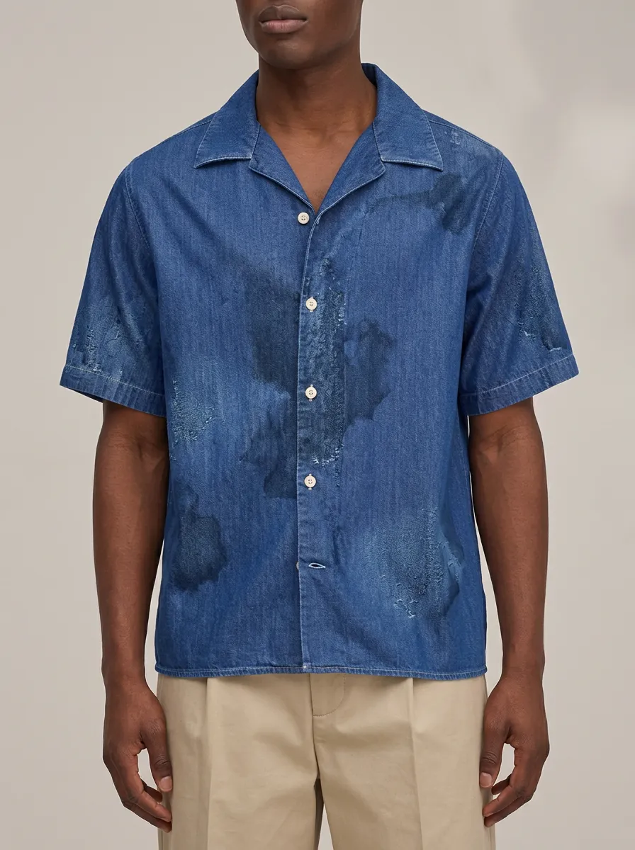 Men's Abstract Ink Wash Short Sleeve Denim Shirt