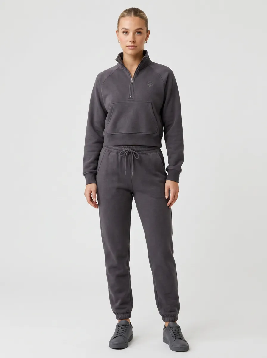 Women's Casual Sporty Charcoal Quarter-Zip Cropped Sweatshirt Jogger Set