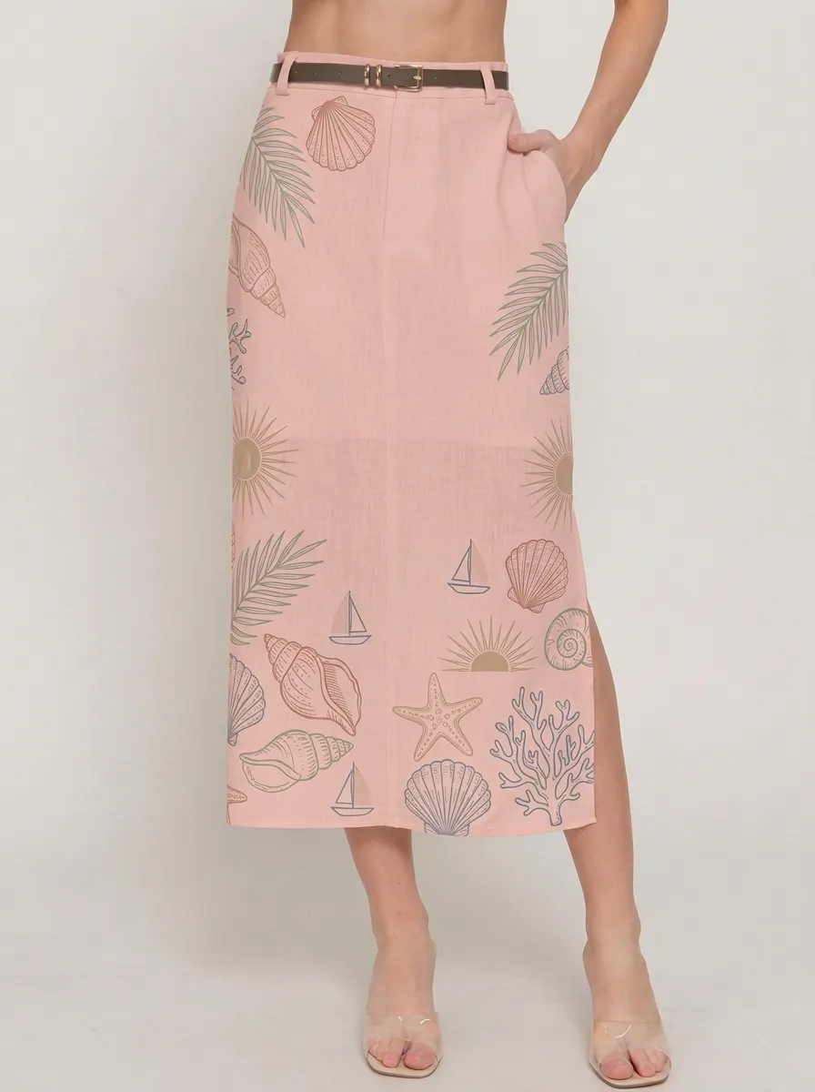 Women's Beach Vacation Seashell Starfish Palm Leaf Printed Midi Skirt