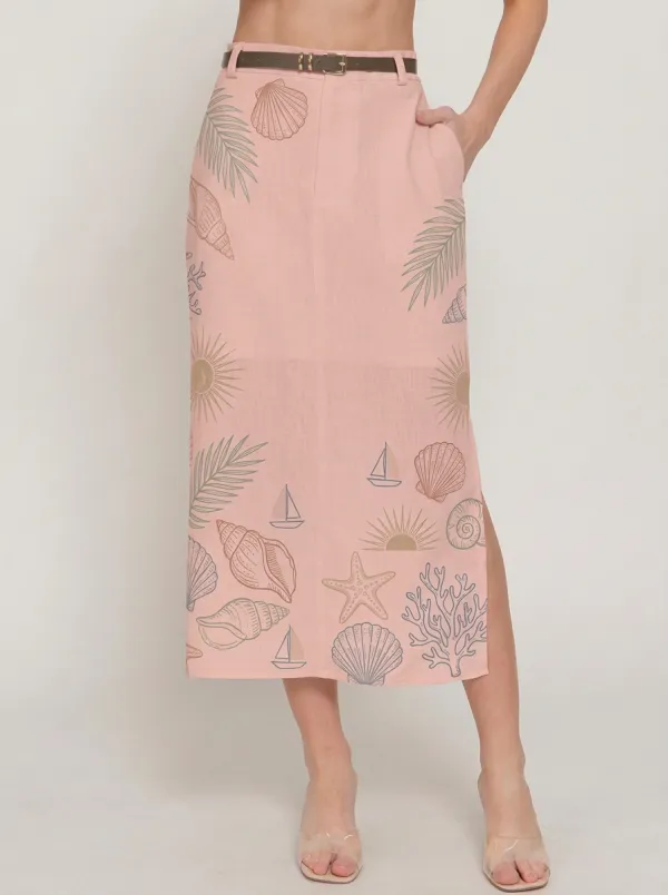 Women's Beach Vacation Seashell Starfish Palm Leaf Printed Midi Skirt
