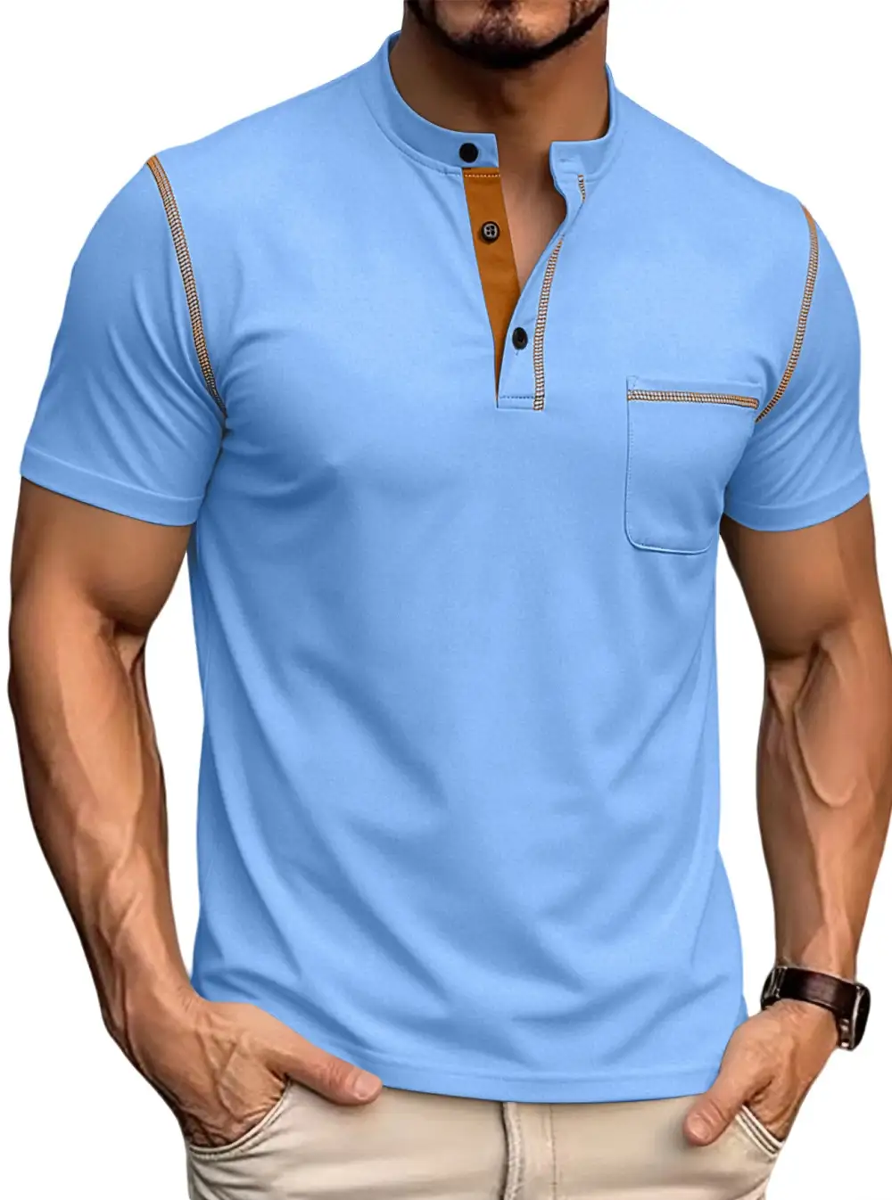 Button Placket Stand Collar Chest Pocket Cotton Polo Shirt
