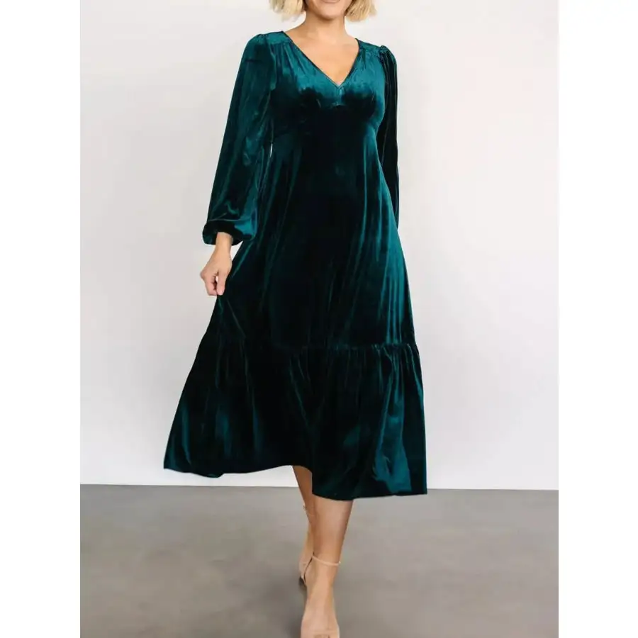 Velvet Tiered Long Sleeve Midi Dress