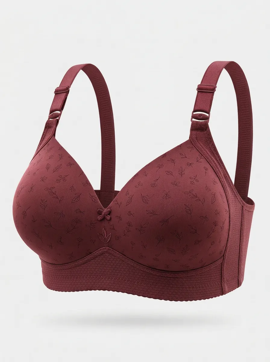 Women's Plus Size Mauve Floral Full-Coverage Bow-Detail Wireless Bra