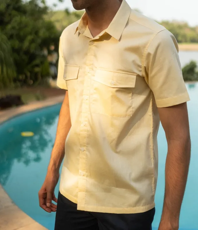 Yellow Short Sleeve Double Pocket Cotton Shirt