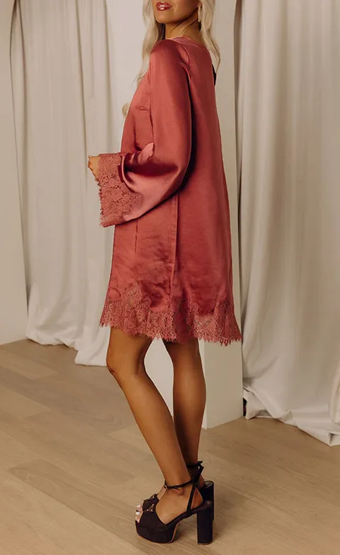 Lace-Trimmed Floral Round Neck Long Sleeve Relaxed Mini Dress