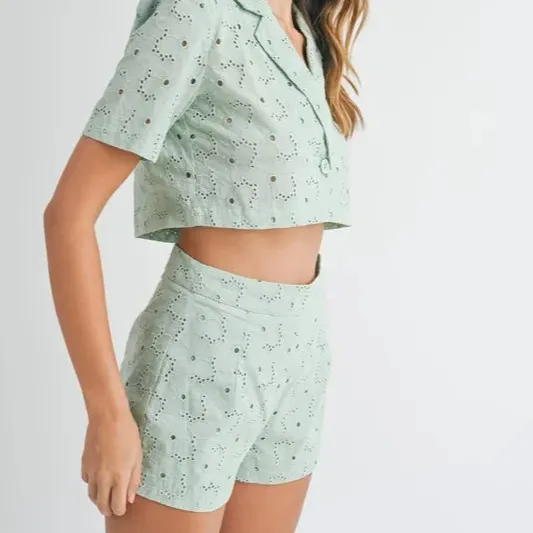 Eyelet Short Sleeve Crop Top and Shorts Set