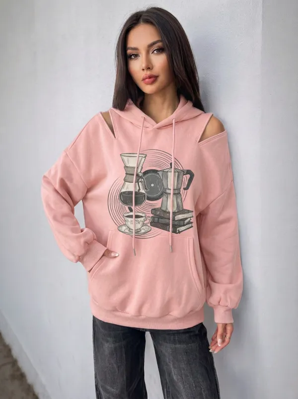 Women's Coffee Book Vinyl Graphic Cold-Shoulder Hoodie