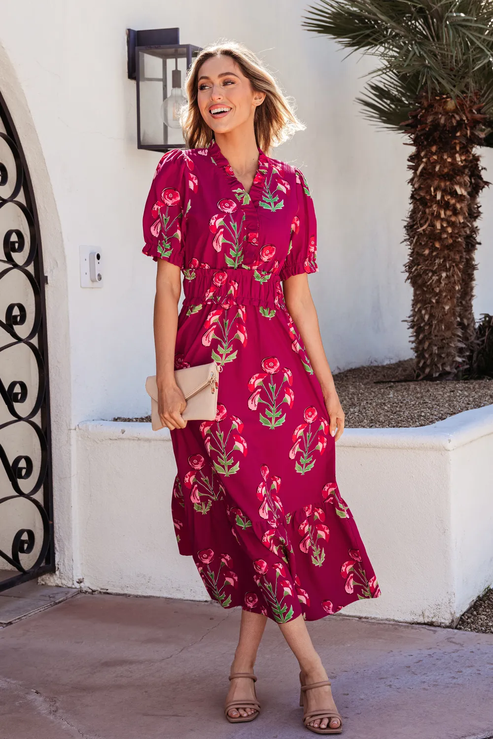 Red Floral Ruffle Maxi Dress