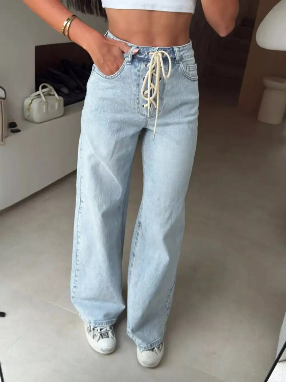 Women' Lace-Up High-Waisted Wide Leg Jeans Trendy