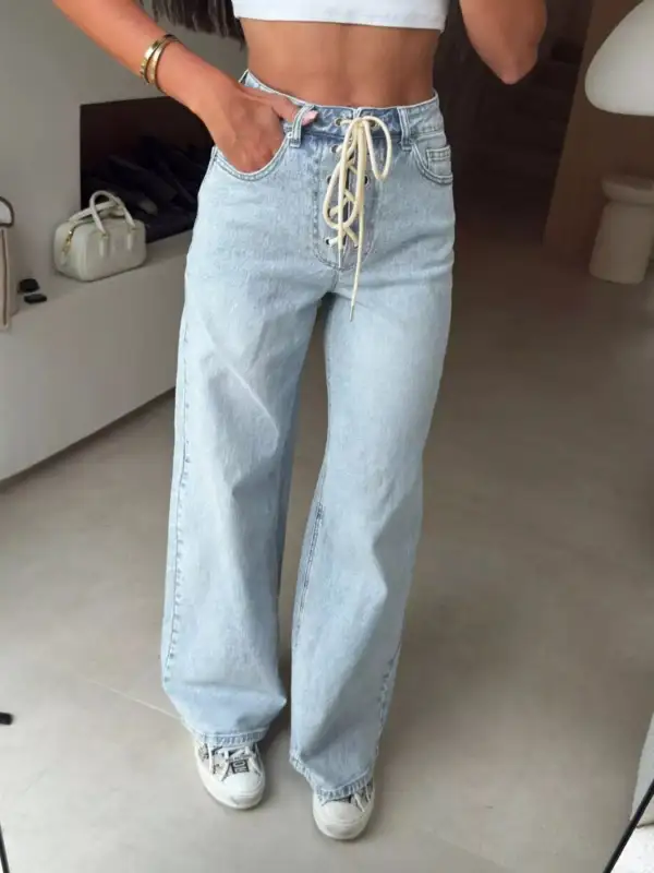 Women' Lace-Up High-Waisted Wide Leg Jeans Trendy