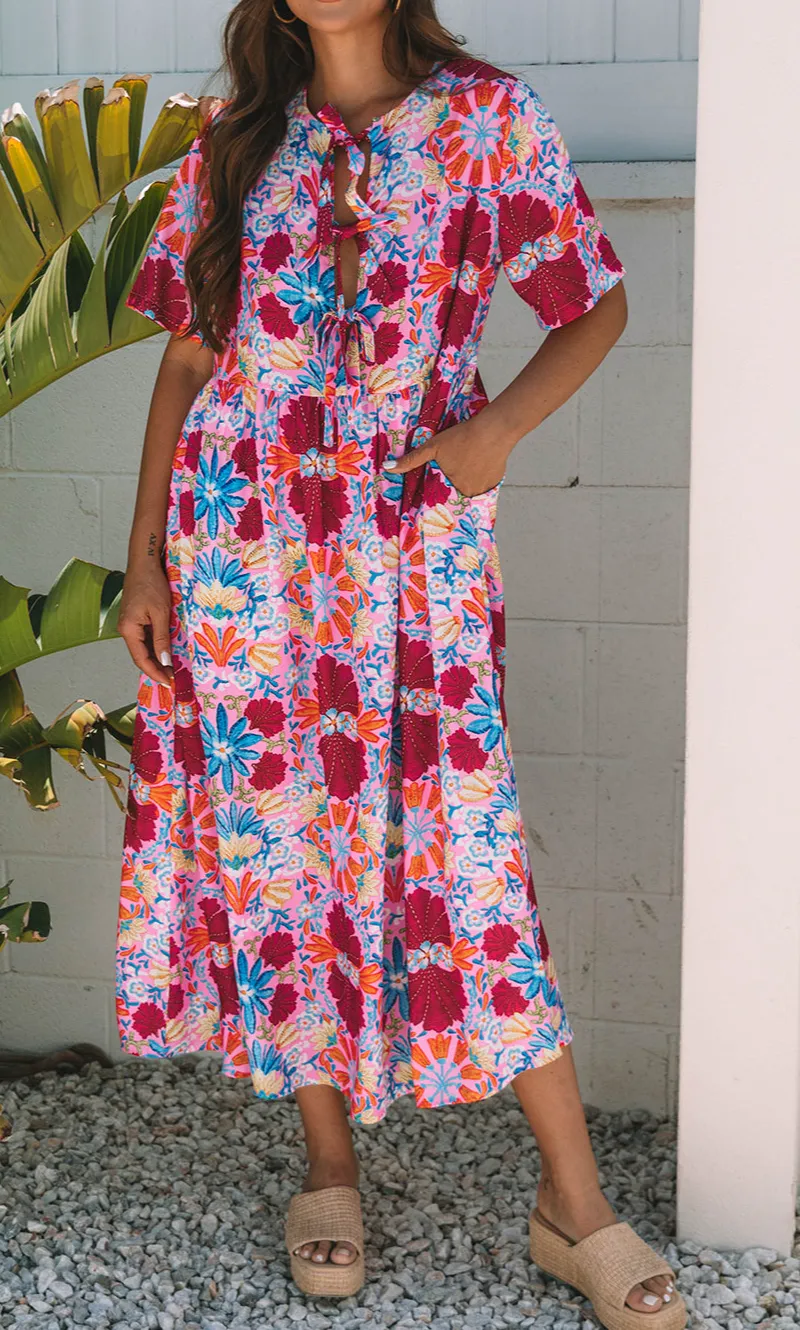 Floral Tied Front High Waist Short Sleeve Loose Long Dress