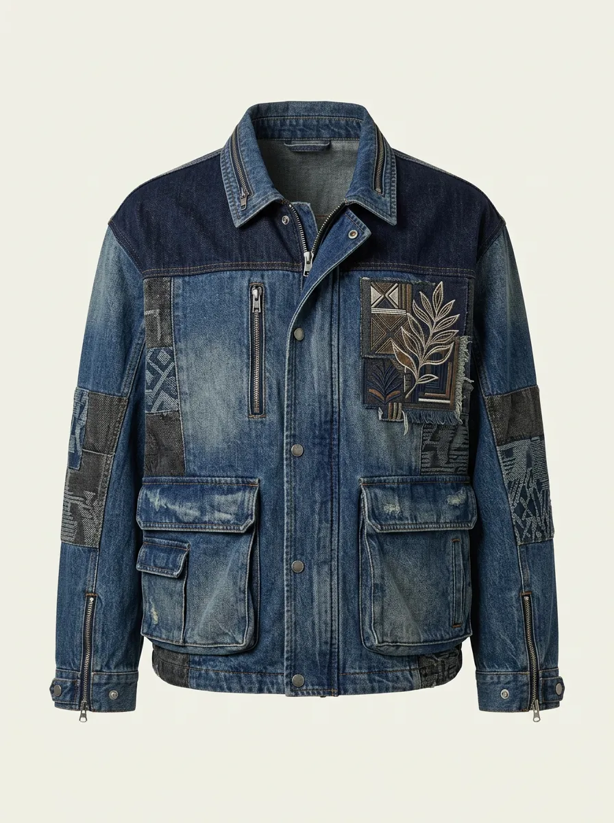 Men's Vintage Style Patchwork Leaf Embroidered Denim Jacket