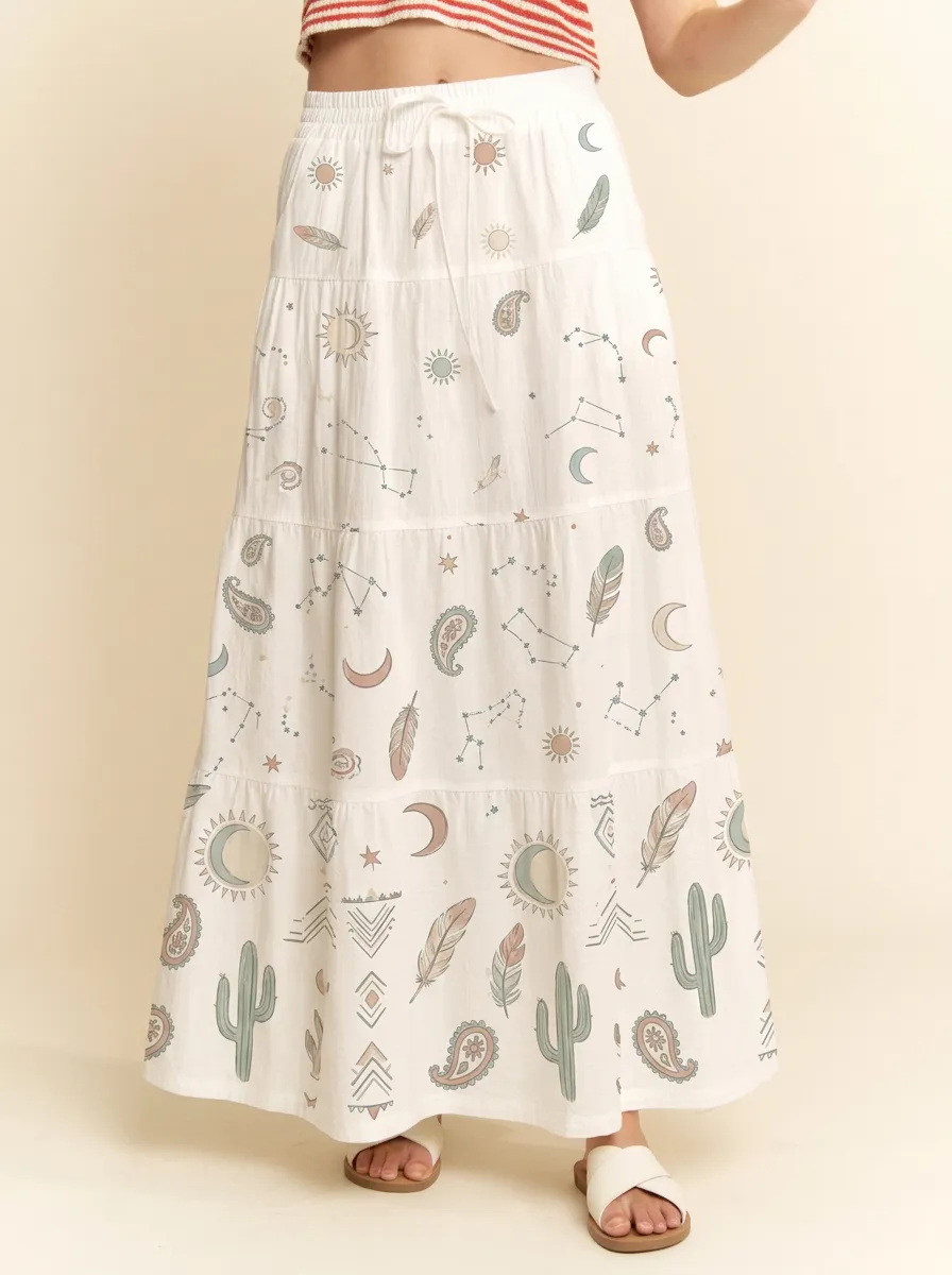 Women's Celestial Boho Cactus Feather Graphic Maxi Skirt