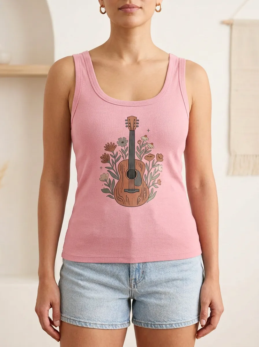 Guitar Floral Built-In Bra Tank Top