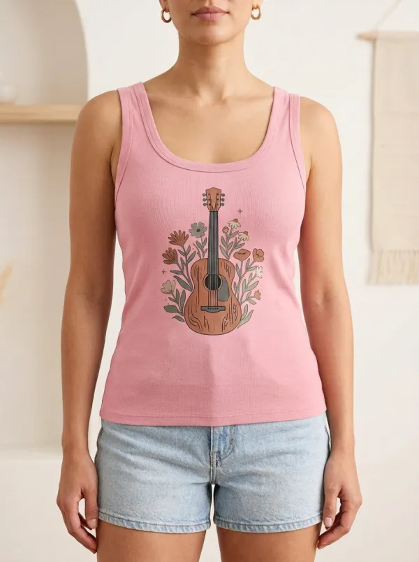 Guitar Floral Built-In Bra Tank Top