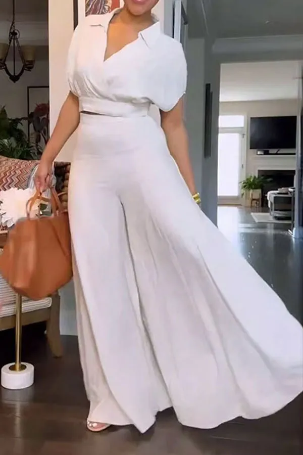 White Wide-Leg Collared Pant Set