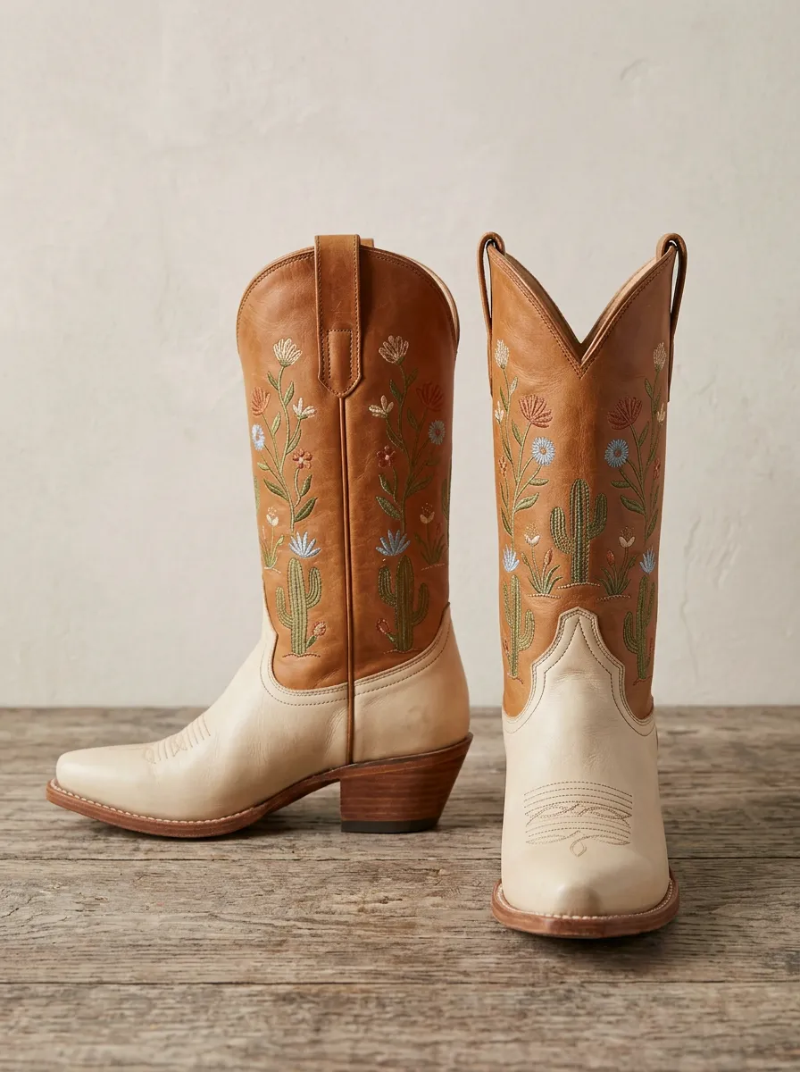 Range Cactus Floral Embroidered Trail Look Unisex Western Cowboy Boots