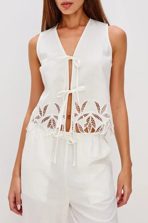 White Palm Embroidered Linen Top