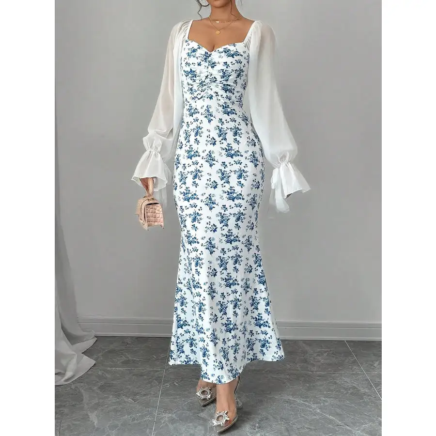 Floral Print Sweetheart Neckline Maxi Dress