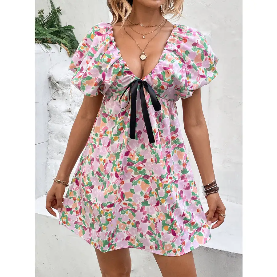 Soft Everyday V-Neck Puff Sleeve Mini Dress