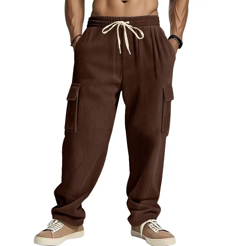 Men's Loose Corduroy Pants with Cargo Pockets and Drawstring Waistband Cargo Pants