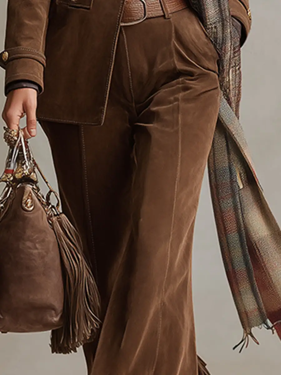 Faux-Suede Flared Tassel Pants