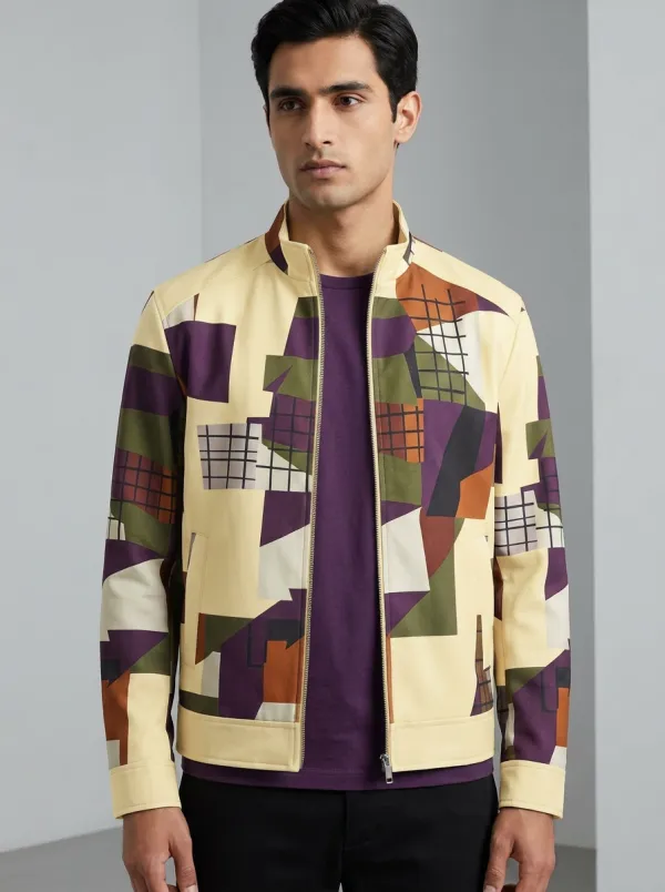 Geometric Print Stand Collar Zip-Up Jacket