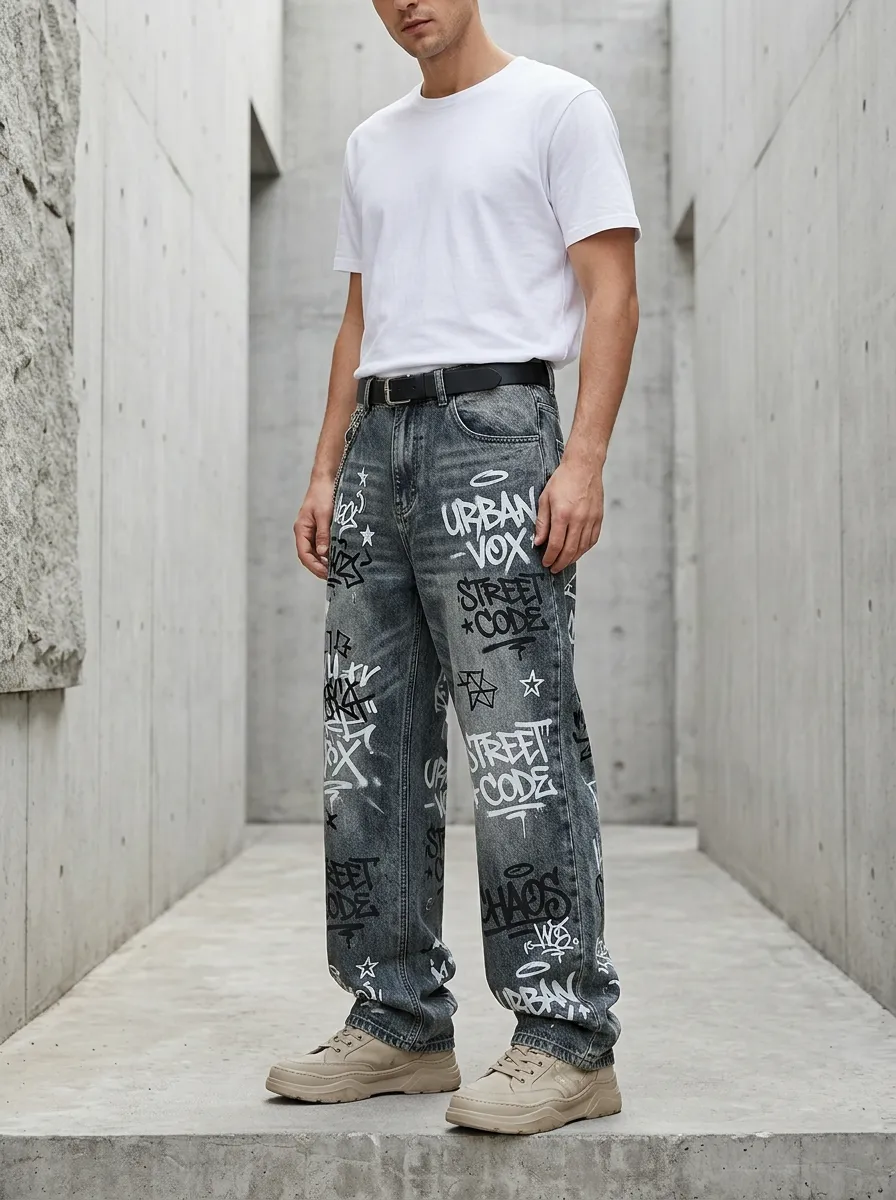 Unisex Metro-Inspired Streetwear Graffiti Jeans